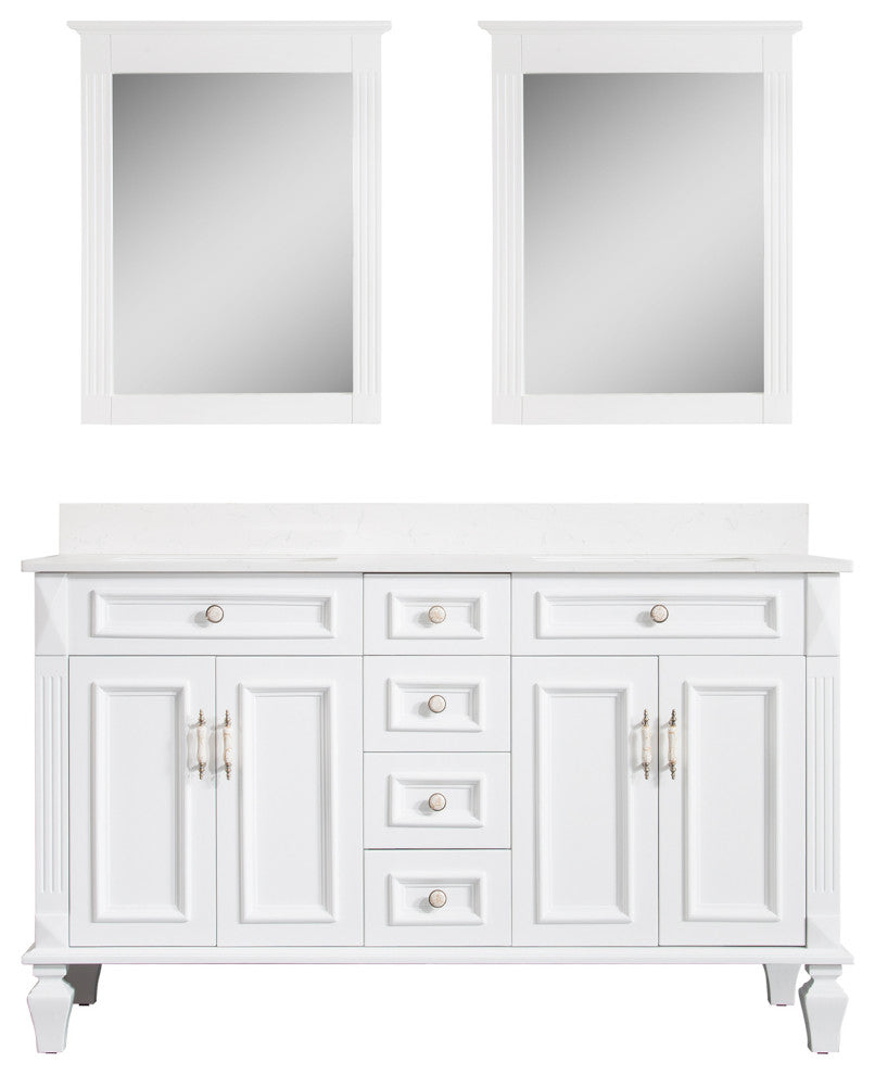 60 In Bathroom Vanity Set with 2Pcs 26 Inch Mirrors, Quartz Top, cUPC Certified, White