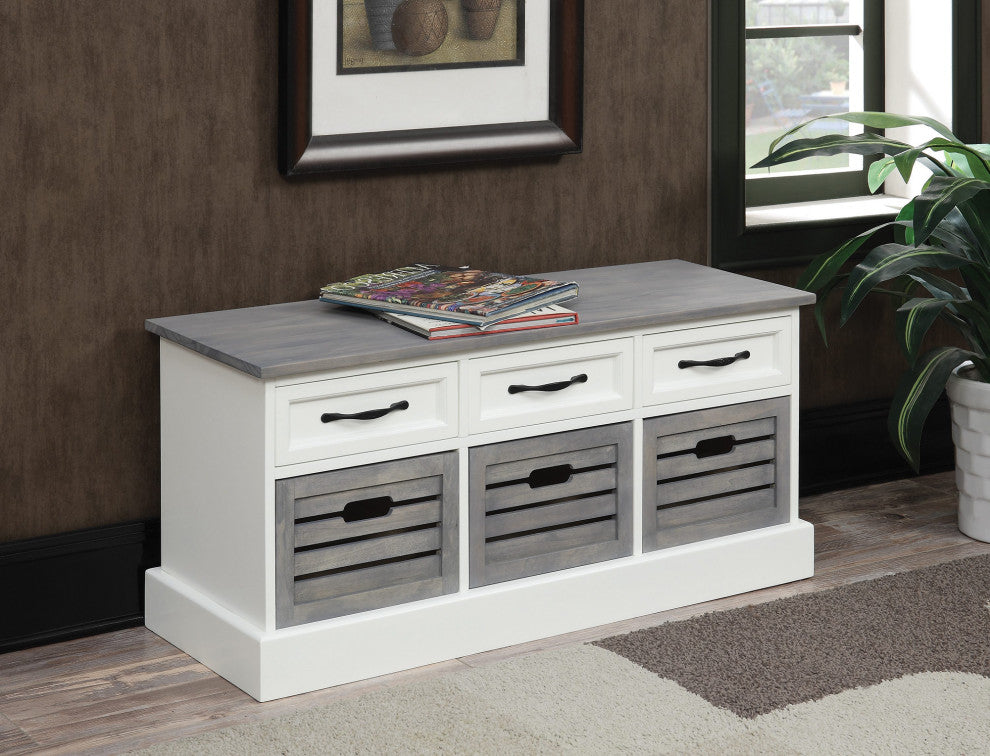 Wood Storage Bench, White and Weathered Gray