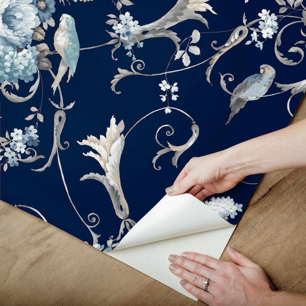 Parrots with Floral Bouquets Navy Peel and Stick Wallpaper