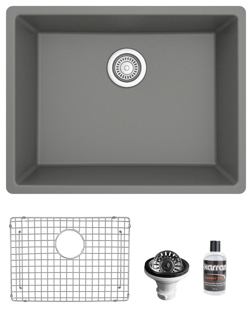 Karran QU-820 Undermount 24.38, Single Bowl Quartz Sink Kit, Grey