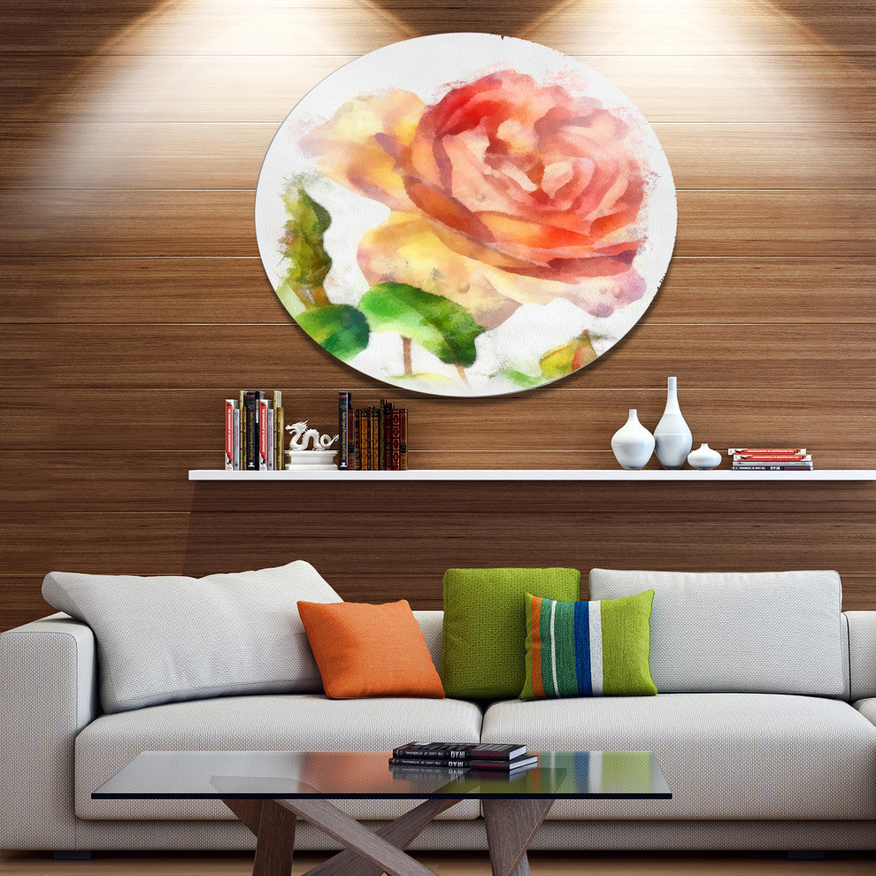 Bloomy Red Rose Watercolor Drawing, Floral Disc Metal Artwork, 11"