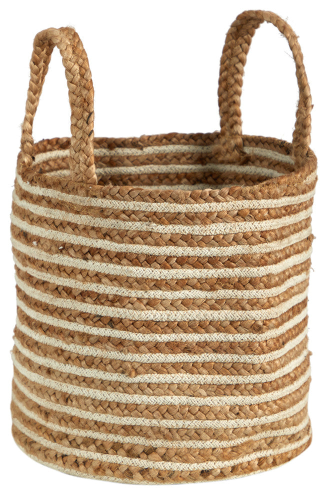14" Boho Chic Basket Natural Cotton and Jute, Handwoven Stripe With Handles