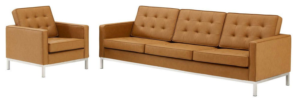 Tufted Armchair and Sofa Set, Faux Leather, Silver Tan, Modern, Lounge