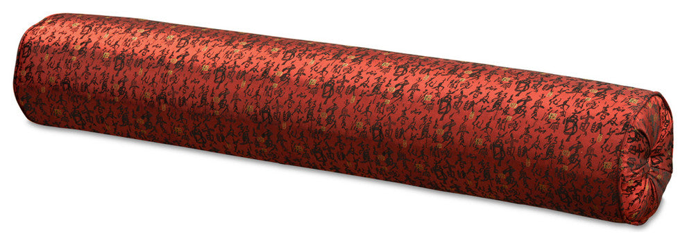 Maroon Silk Chinese Calligraphy Long Bolster Pillow