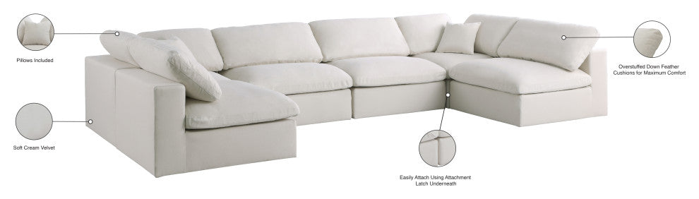 Plush Velvet / Down Standard Comfort 6-Piece U-Shaped Modular Sectional, Cream
