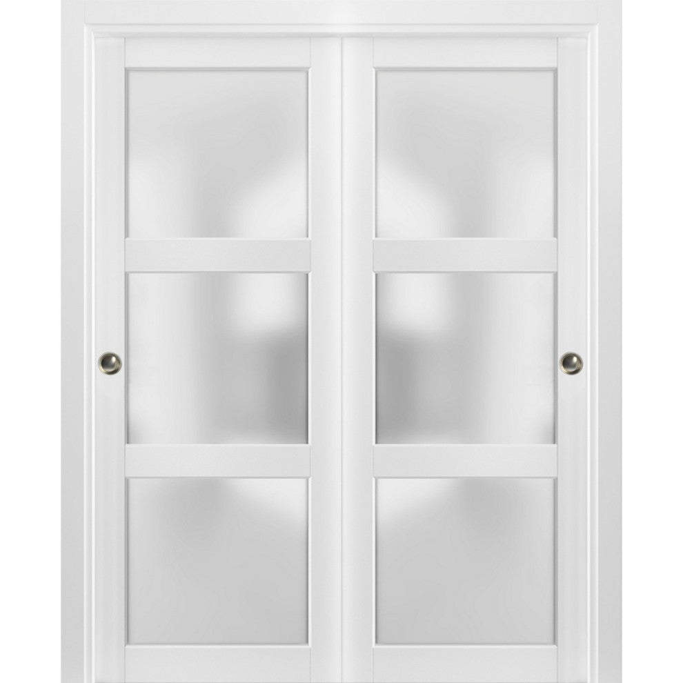 Closet Frosted Glass 3 Lites Bypass Doors 72x80 | Lucia 2552 Matte White