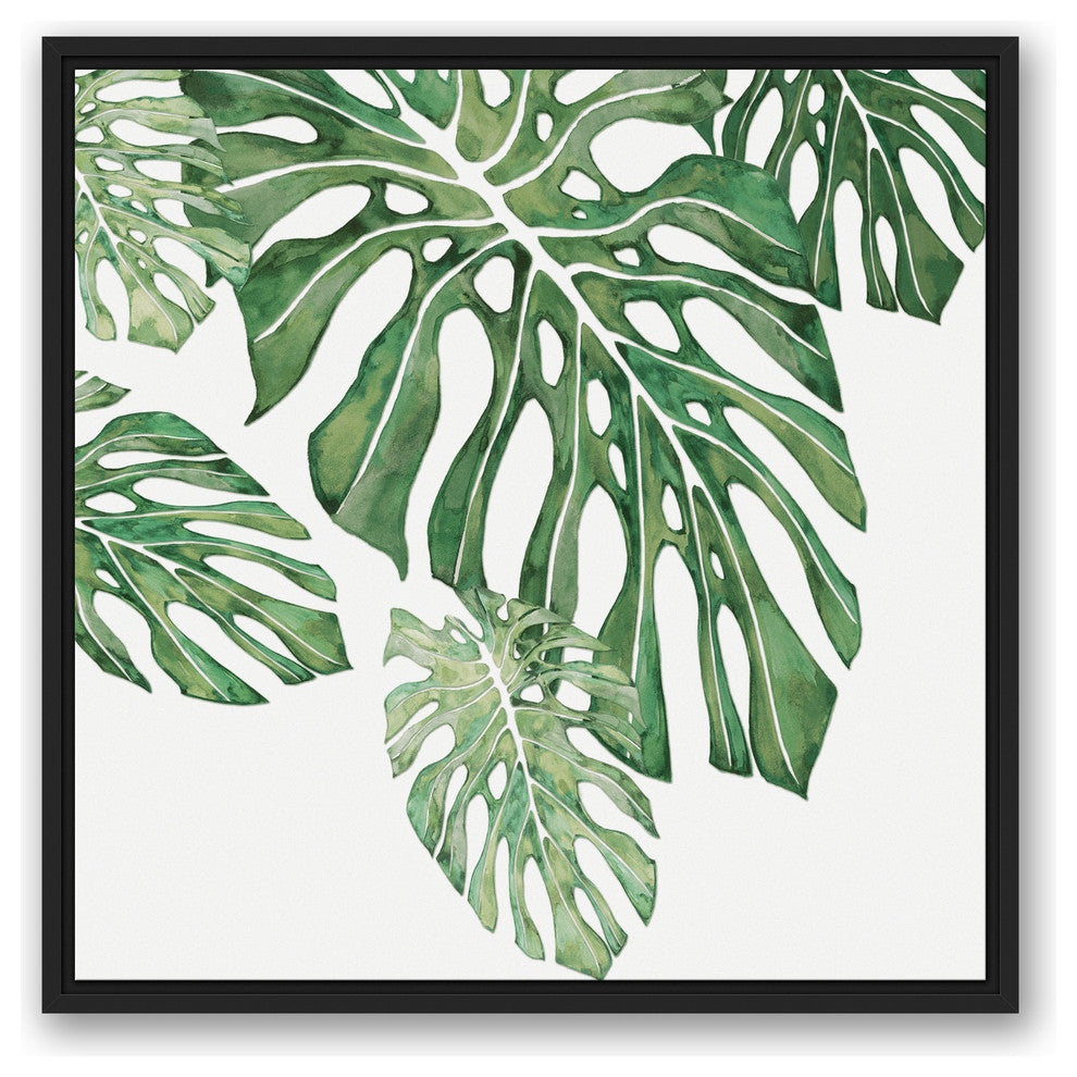 Green Tropical Leaves 24x24 Black Floating Framed Canvas