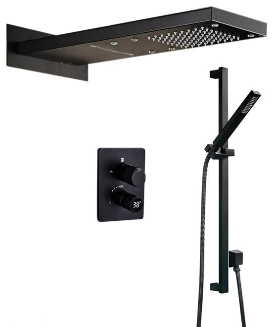 Savona 22" Matte Black Rainfall Shower System, Square Handheld Shower, LED