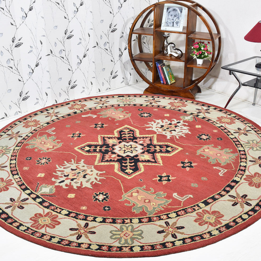 HAND TUFTED WOOL ECO-FRIENDLY AREA RUGS - Round,Red Cream,Oriental