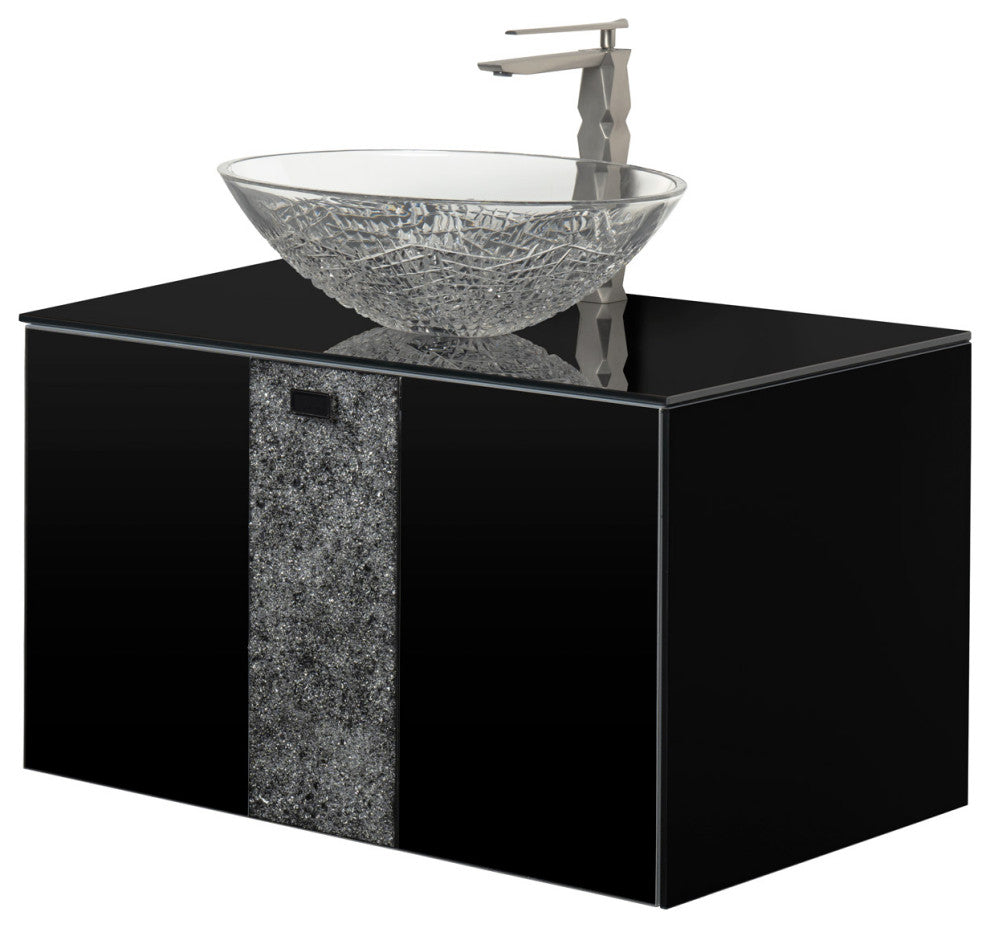 Luxury Crystal Single Bathroom Vanity, Black, Single Sink, Wall-mounted