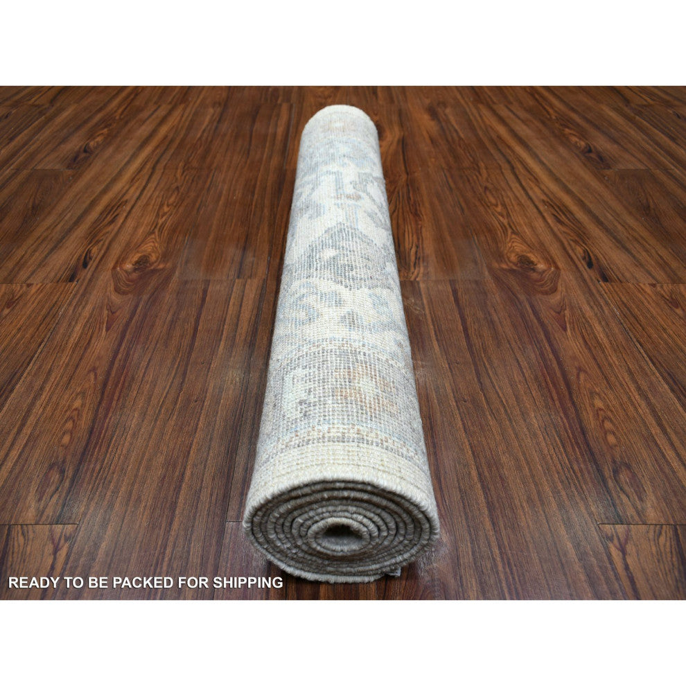 Ivory, Hand Knotted Angora Ushak, Afghan Wool Runner Rug, 3'0"x10'0"