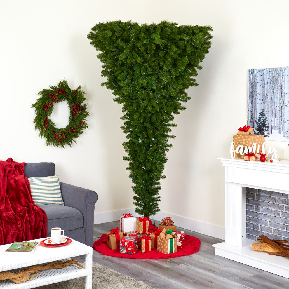 8' Sun Valley Spruce Upside Down Faux Xmas Tree W/ Lights & Bendable Branches