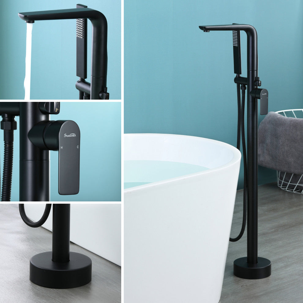 Wellfor Freestanding Faucet, Swivel Spout and Handheld Shower, 2 Handles, Matte Black