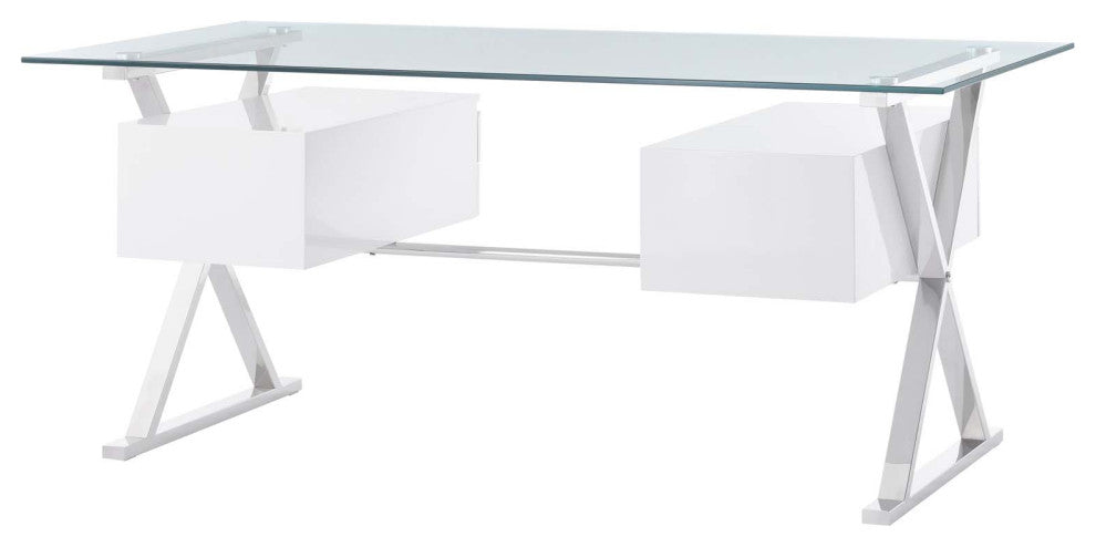 Sector 71" Glass Top Glass Office Desk, White