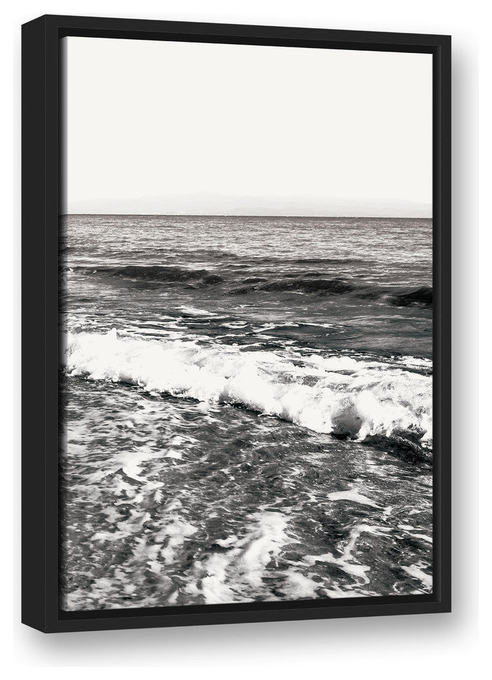 Black and White Ocean Waves 16x24 Black Floating Framed Canvas