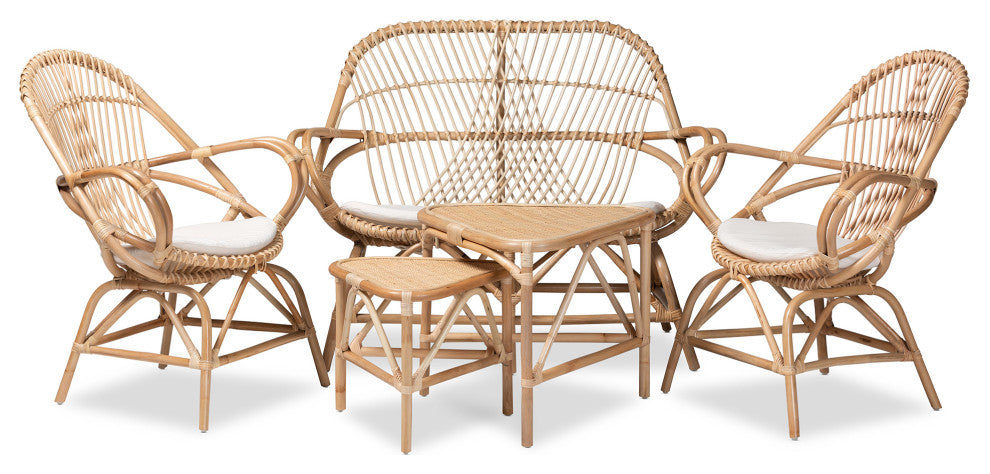 Jacey Modern Bohemian, White/Natural Brown, 5-Piece Living Room Set