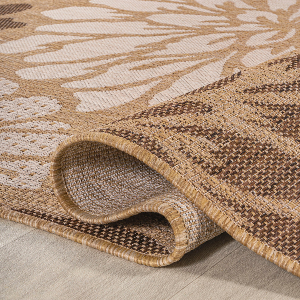 Zinnia Modern Floral Textured Weave Indoor/Outdoor, Brown/Cream, 5' Square