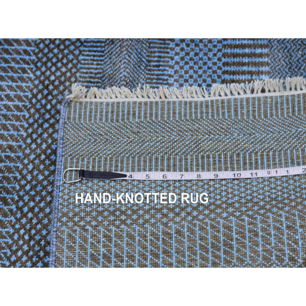 Ruddy Blue Hand Knotted Grass Design Dyed Wool and Silk Runner Rug, 2'7"x9'6"