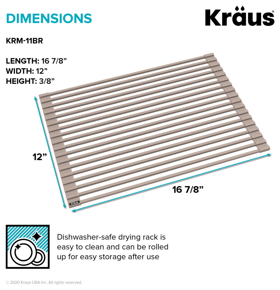 Kraus KRM-11BR Multipurpose Workstation Sink Roll-Up Dish Drying Rack, Brown