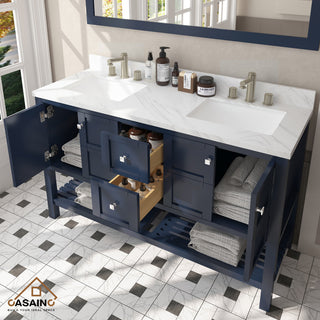 Single Sink Solid Wood Bath Vanity with Natural Marble Top and Mirror, 60in