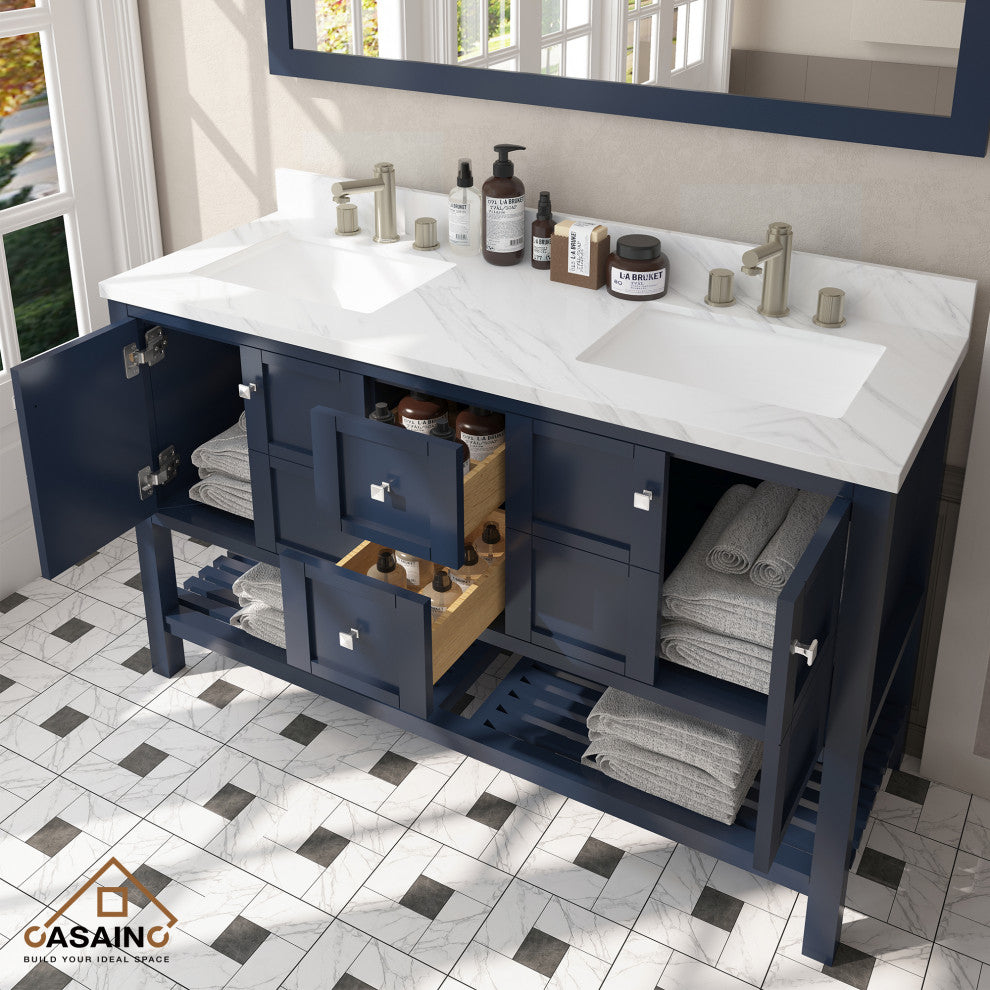 Single Sink Solid Wood Bath Vanity with Natural Marble Top and Mirror, 60in