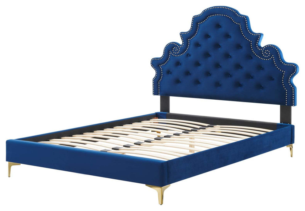 Tufted Platform Bed Frame, Twin Size, Velvet, Blue Navy, Modern Contemporary