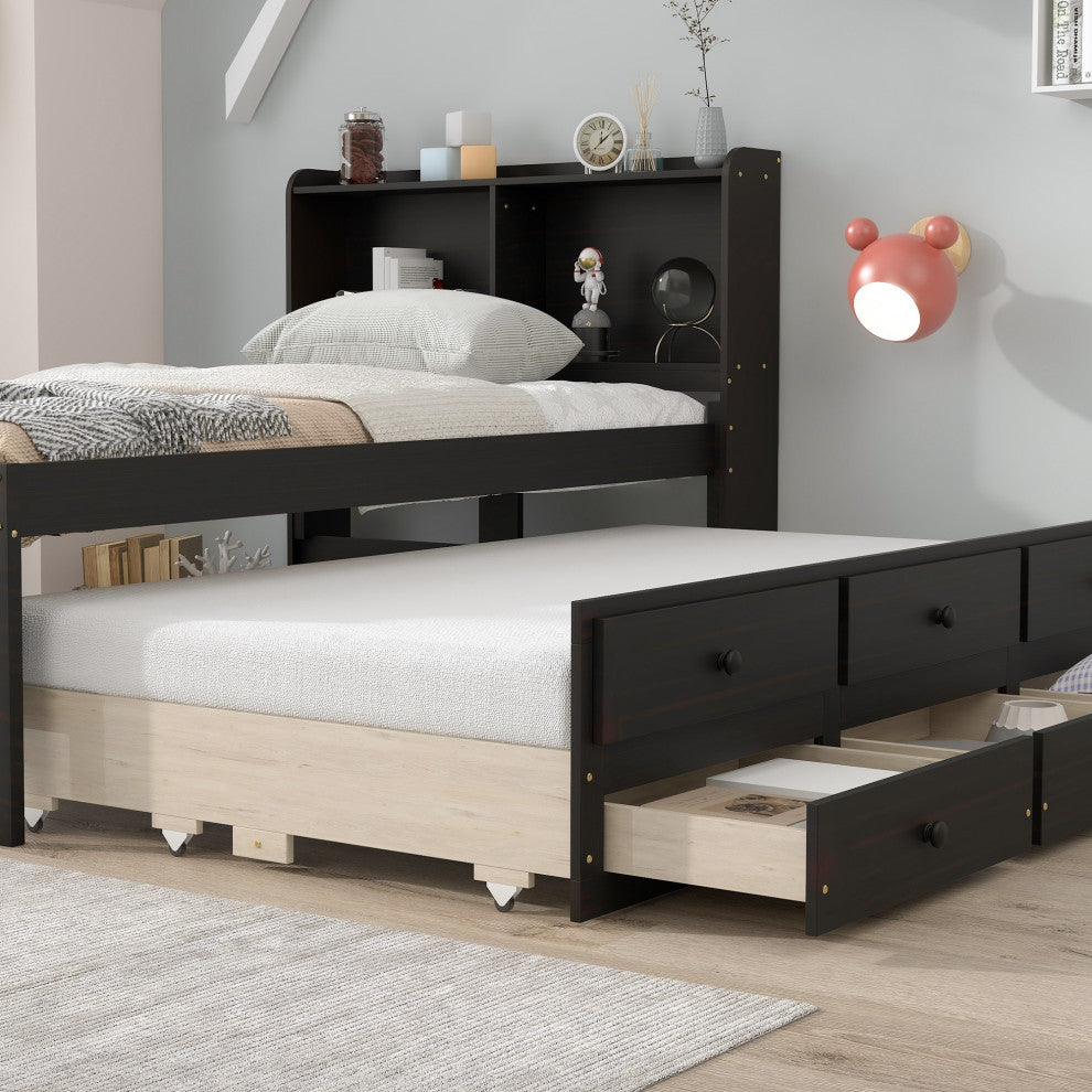 Full/Twin Wood Frame Platform Bed with Trundle and Drawers, Espresso, Twin