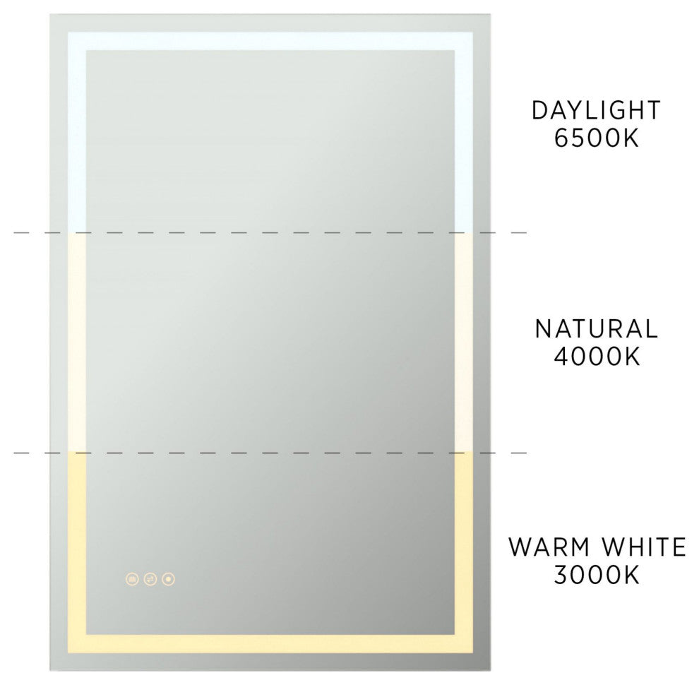 Rectangular Frameless Dimmable Anti-Fog Wall Mounted LED Bathroom Vanity Mirror, 24" X 36"