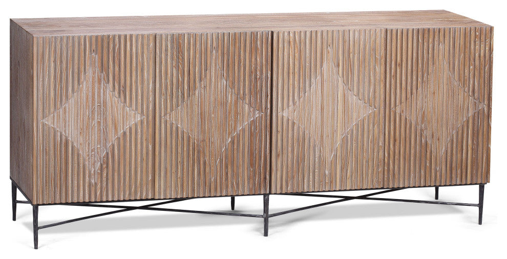 Zander 79" Carved Elm Wood Sideboard With Hand-Forged Iron Base