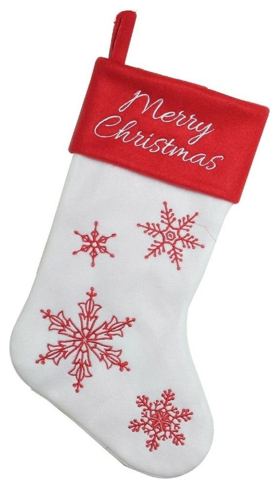 "Merry Christmas" Snowflake Embroidered Christmas Stocking, Red and White, 12"