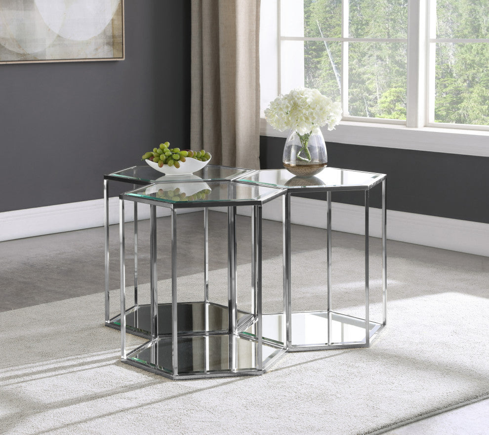 Sei Glass Top End Table with Mirrored Base, Chrome, 3 Piece