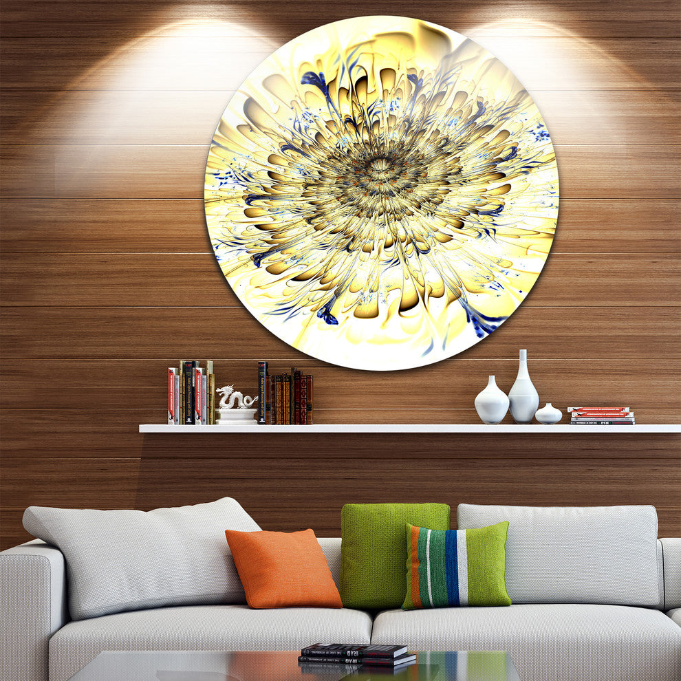 Light Yellow Digital Fractal Flower, Floral Round Metal Wall Art, 11"