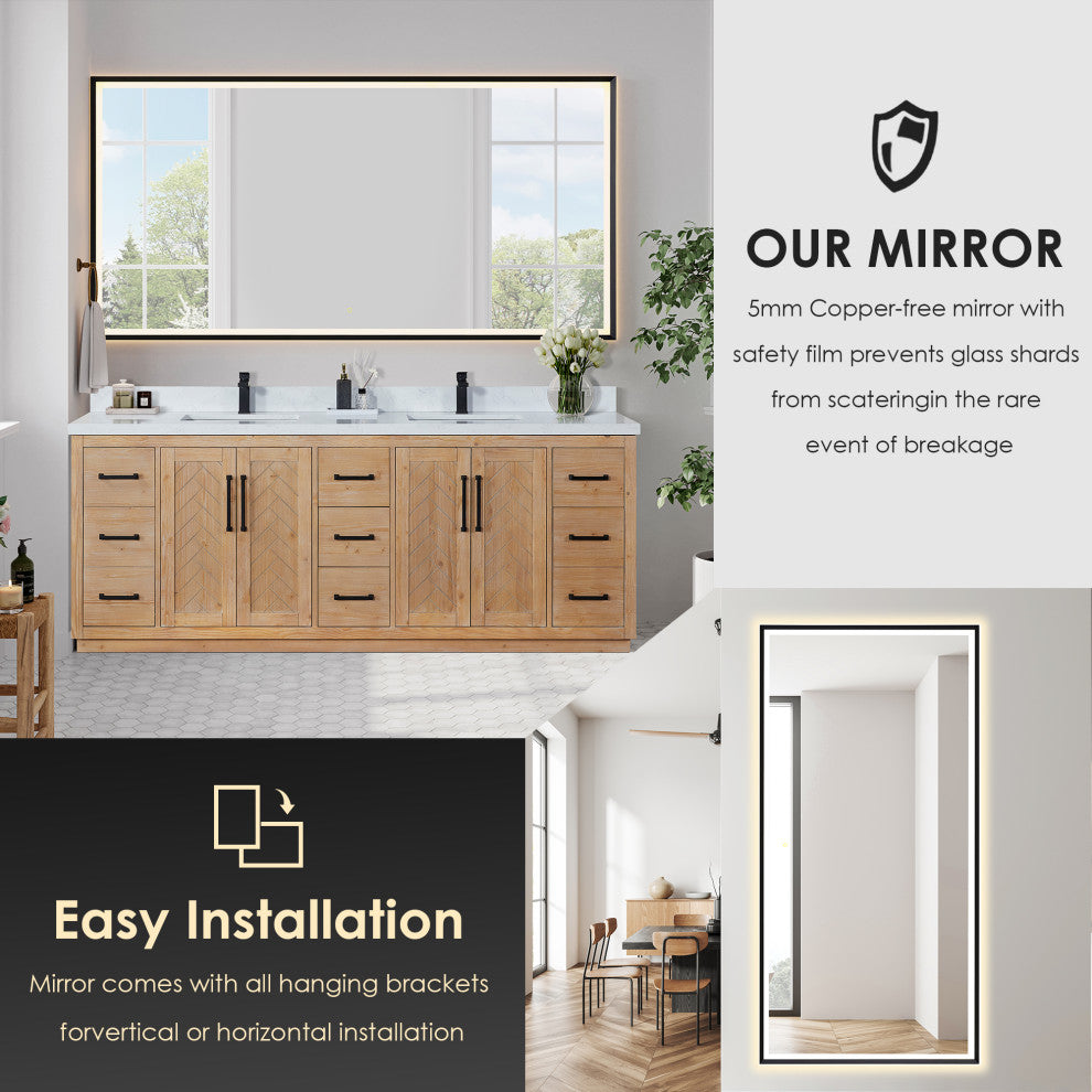 Anais Vanity Grain White Engineered Stone Countertop, Light Brown, 84", With Mirror
