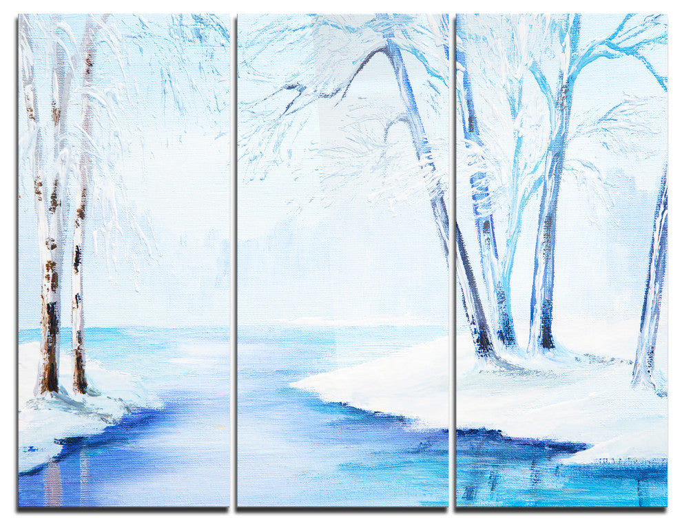 "River in Snowy Winter" Glossy Metal Wall Art, 3 Panels, 36"x28"