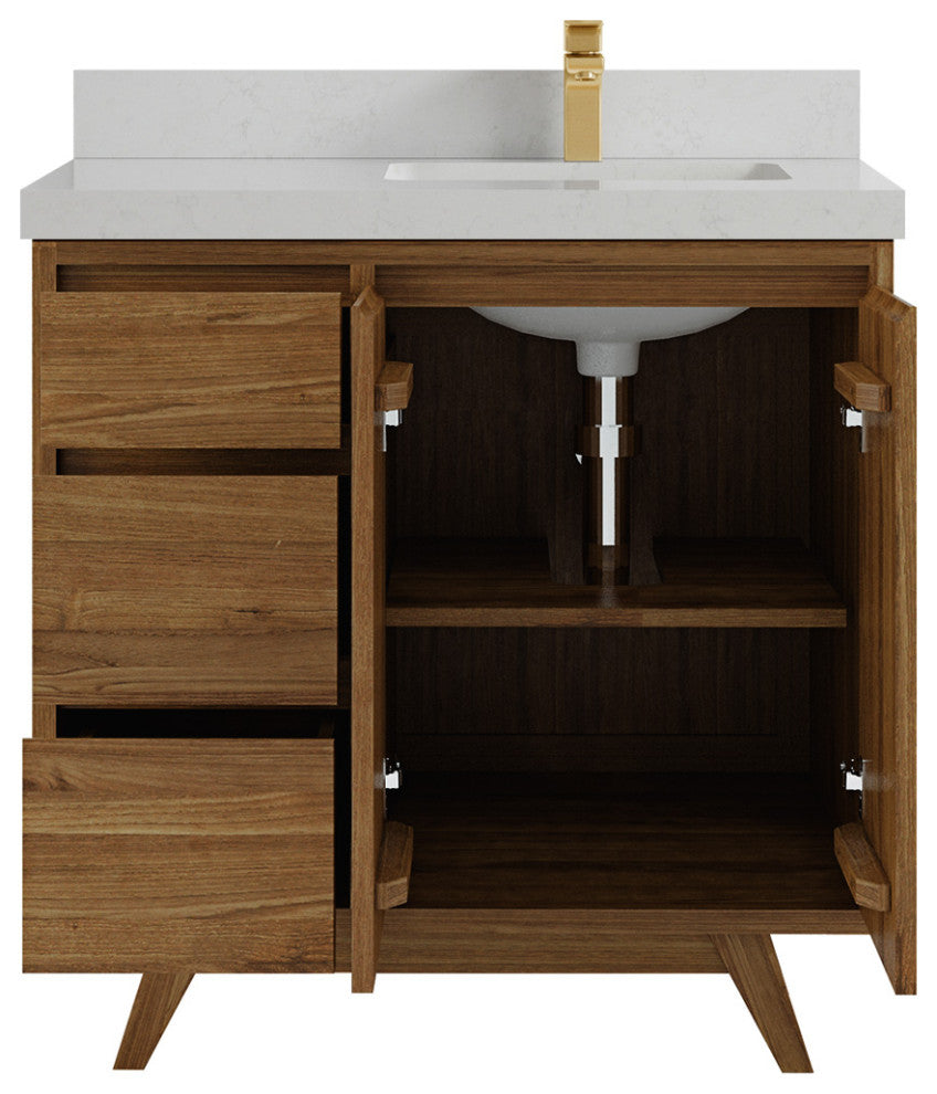 Madison Teak 36 Right Offset Bath Vanity in Dark Natural 2" Carrara Quartz