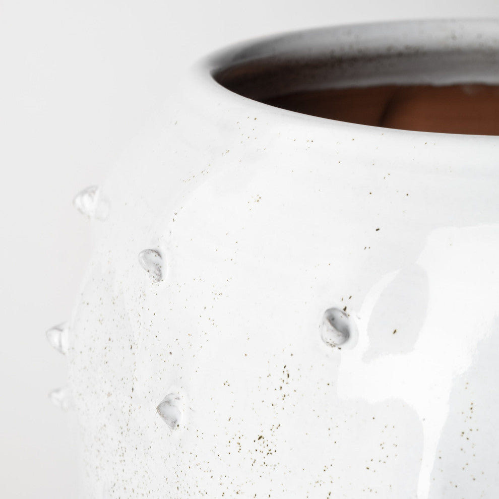 14' White Spiked Organic Glaze Large Mouth Ceramic Vase