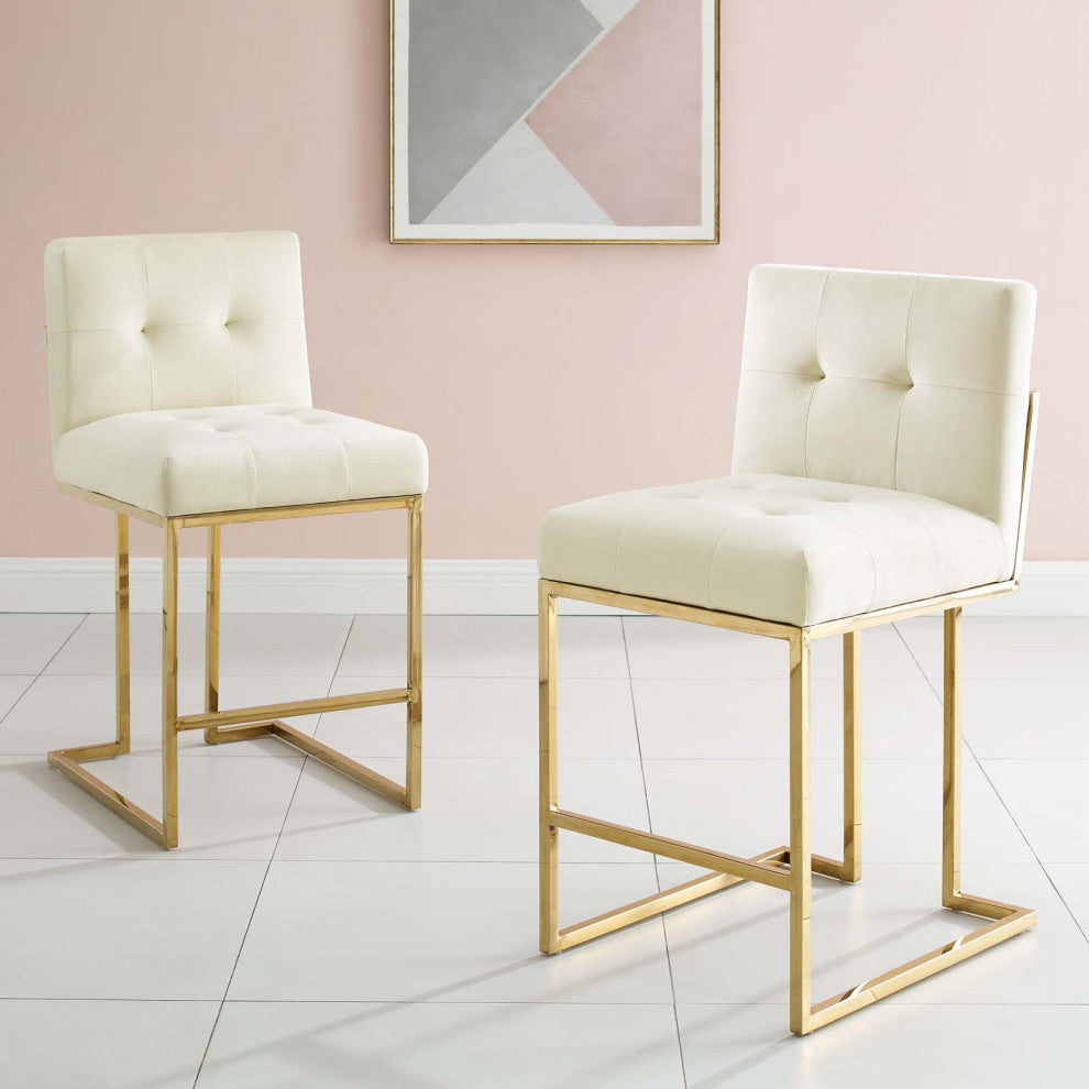 Counter Stool Chair, Set of 2, Velvet, Metal, Gold Ivory White, Modern, Bar Pub