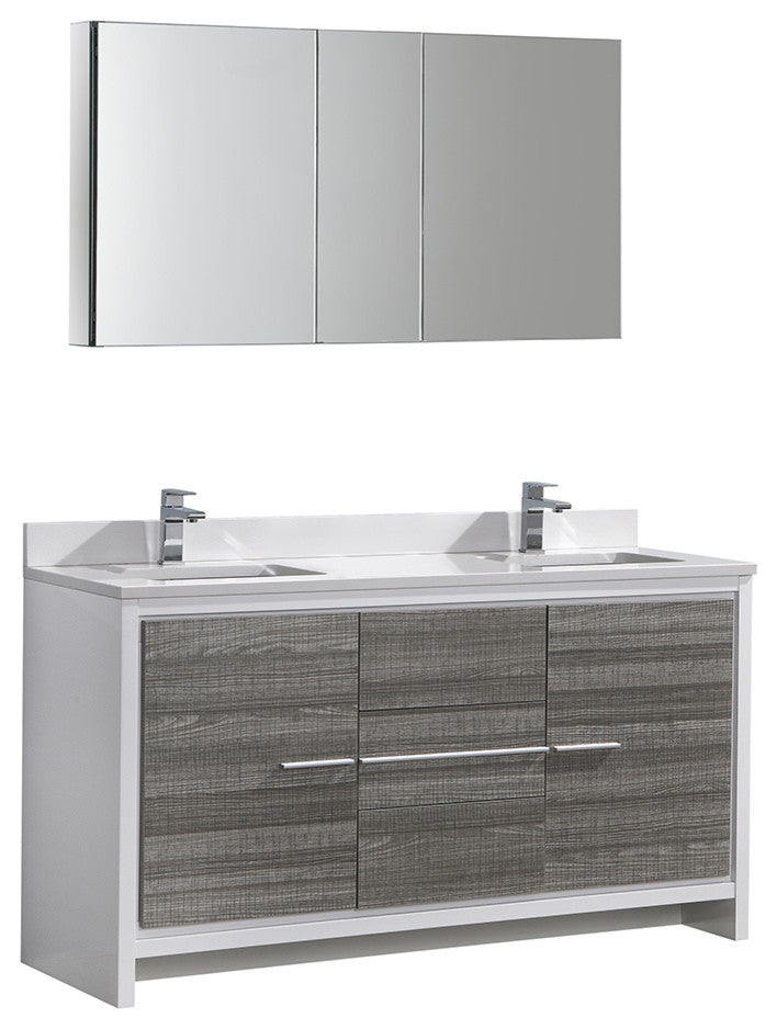 Allier Rio 60" Ash Gray Double Sink Vanity Set, Cabinet, Faucet, FFT1030BN