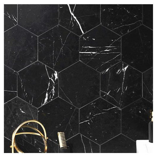 Pure Marquina, 10" Hexagon Porcelain Tile,  4"x4", Sample