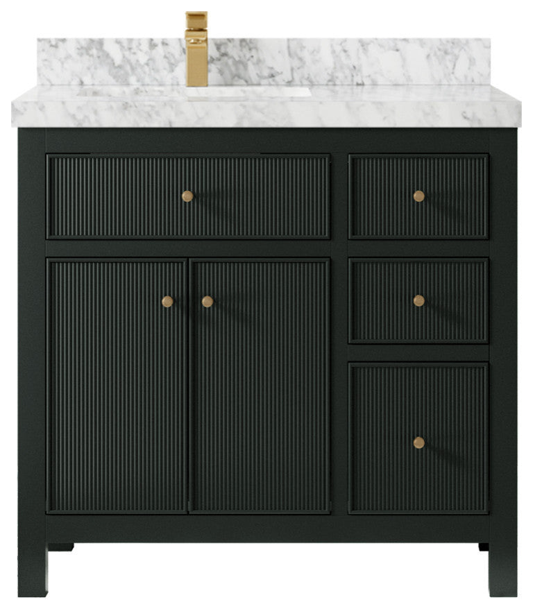 Sonoma 36 Left Offset Reeded  Bath Vanity in Dark Forest Green 2" Carrara Marble
