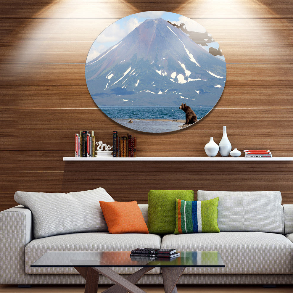 Bear In Front Of Volcano, Landscape Disc Metal Wall Art, 11"