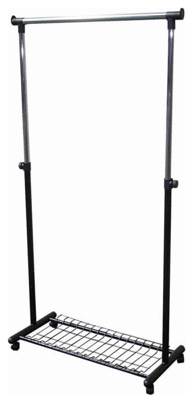 Benzara BM96060 Metal Coat Hanger Rack With Bottom Wired Shelf, Black and Silver