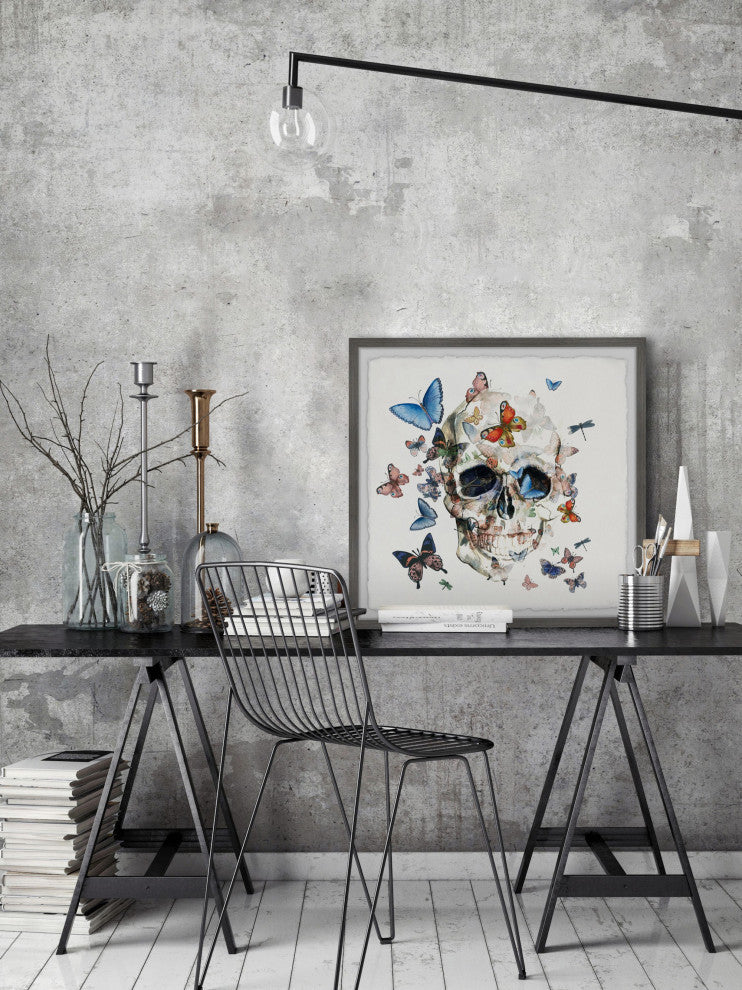 "Happy Butterfly Skull" Framed Painting Print, 18"x18"