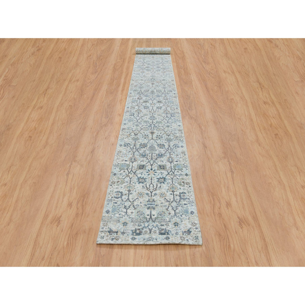 Ivory Tabriz Vase Design Silk With Wool Hand Knotted XL Runner Rug, 2'6"x18'2"