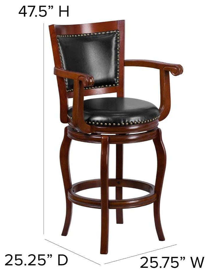 Contemporary Bar Stool, Cherry Finished Frame & Swivel Black LeatherSoft Seat