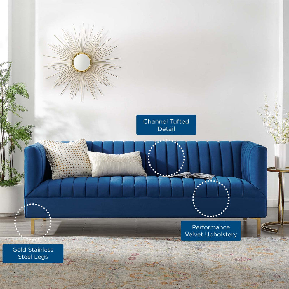 Tufted Sofa, Velvet, Blue Navy, Modern, Living Lounge Hotel Lobby Hospitality