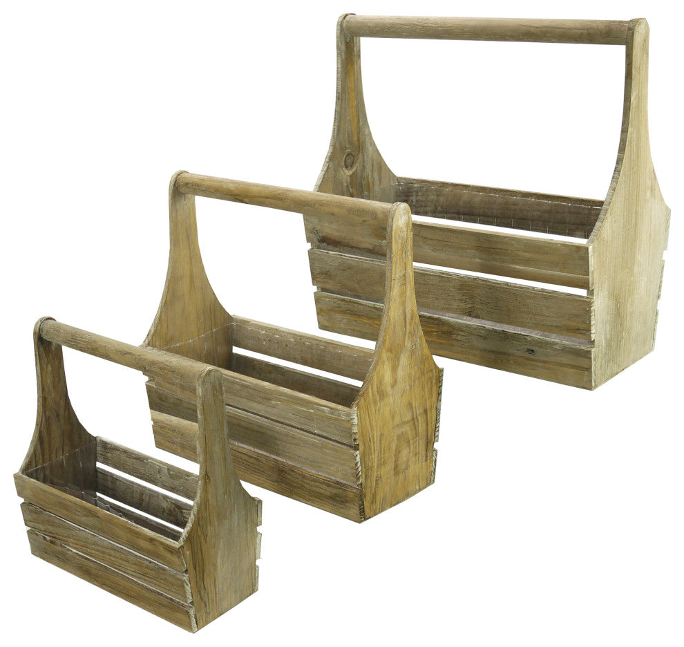 Rustic Wooden Caddy Holder Handcrafted Carrier, White, Set Of 3