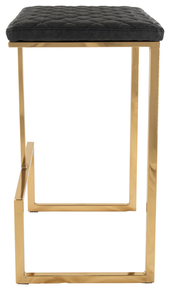LeisureMod Quincy Quilted Stitched Leather Bar Stools With Gold Metal Frame