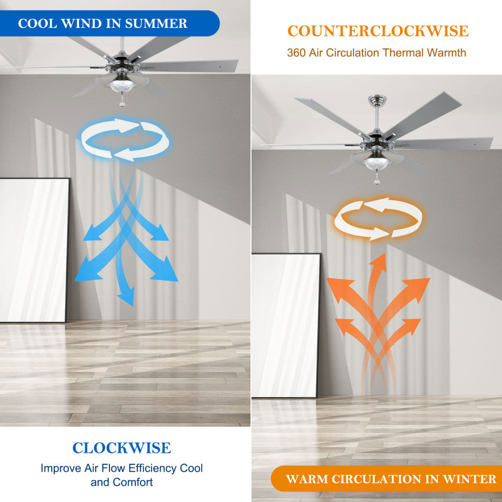 72" Antique Lagre Ceiling Fan, Wood Blades and LED Lights Kit w Crystal Shade, White