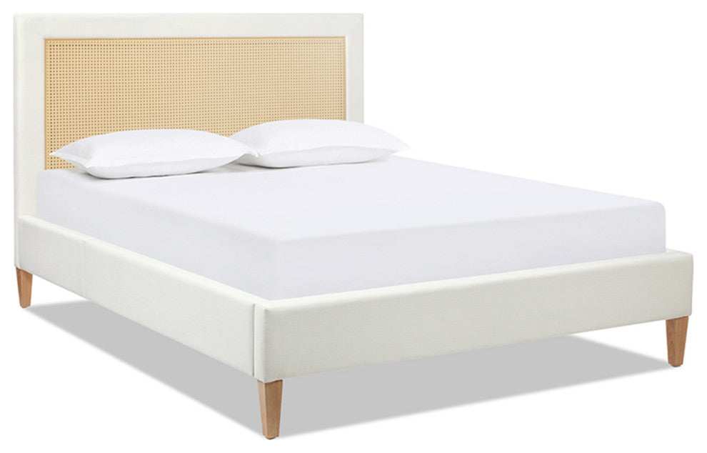 Haley Upholstered Cane-Back Platform Bed, Snow White Polyester, Queen